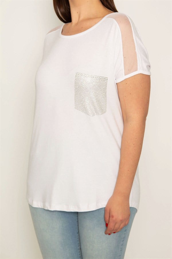 KADIN KEMİK OMUZLARI TÜL VE PETO CEBİ TAŞ DETAYLI VİSKON BLUZ