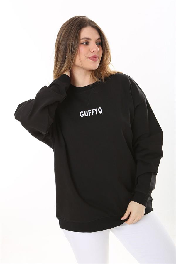 Kadın Büyük Beden Siyah Pamuk Kumaş Nakış Yazılı Sweatshirt 65N37616