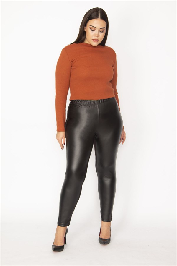 Women's Black Faux Leather Front Coated Viscose Fabric Back Leggings Trousers 65N30030