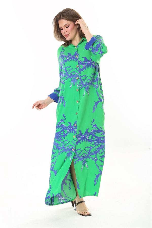 Kadın Büyük Beden Mavi Ön Boy Düğmeli Gömlek Yakalı Uzun Elbise 65N37875