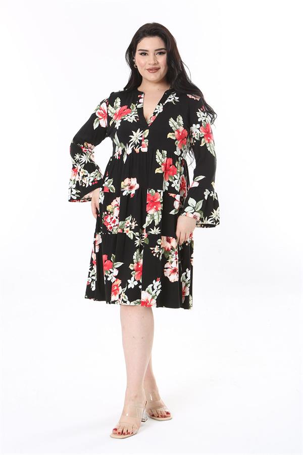 Kadın Büyük Beden Siyah V Yakalı Uzun Kollu Katlı Elbise 65N37944