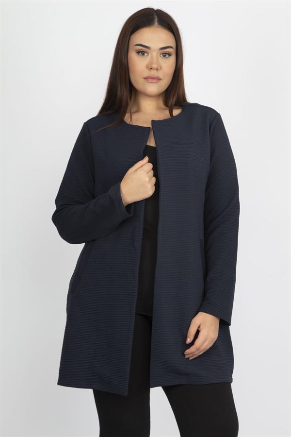 Kadin Lacivert Hakim Yaka Cep Detayli Astarsiz Ceket 65N14545