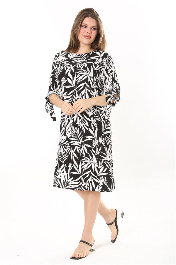 Kadın Büyük Beden Siyah Dokuma Viskon Kumaş Kol Bağcıklı Elbise 65N37865