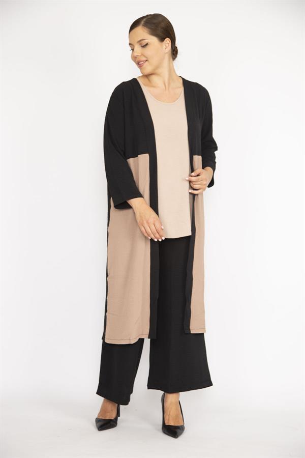 Kadın Büyük Beden İndigo Hırka İç Bluz Ve Pantolon Üçlü Takım