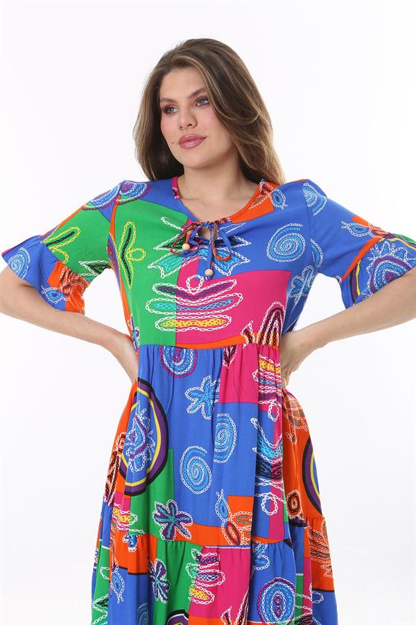 Kadın Büyük Beden Mavi Dokuma Viskon Kumaş Kısa Kollu Katlı Elbise 65N37762