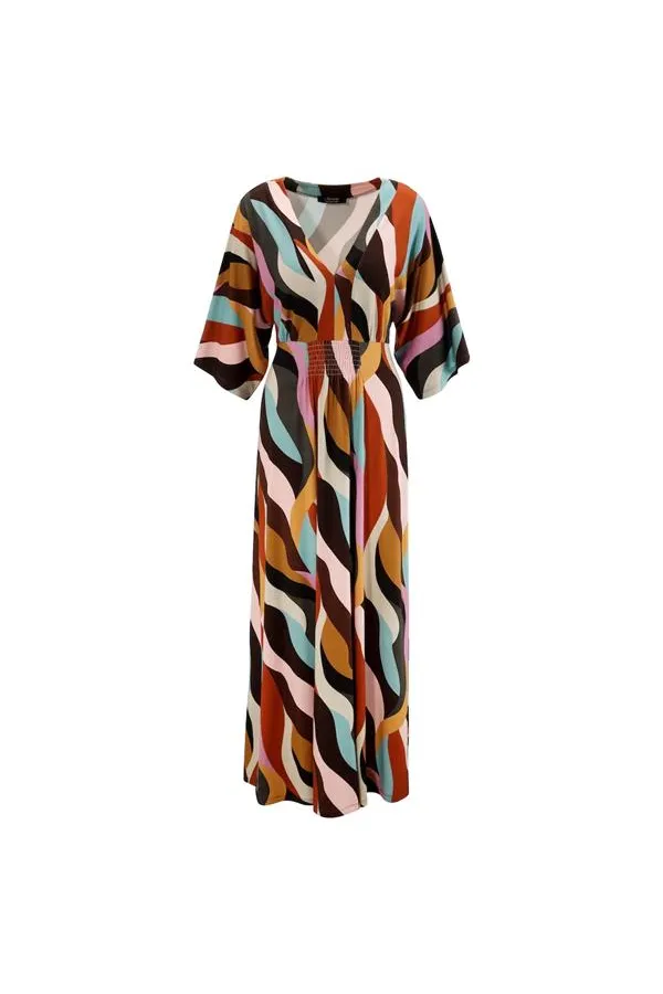 Kadın Büyük Beden Renkli, Ön Gipe Lastik Detaylı Yarasa Kol, Desenli Uzun Elbise 65N38811