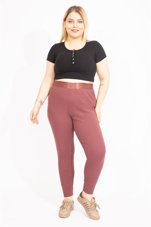 Kadın Büyük Beden Pamuklu Kumaş Kendinden Çizgili Paça Ribana Ve Bel Lastikli Eşofman Alt 65N35591