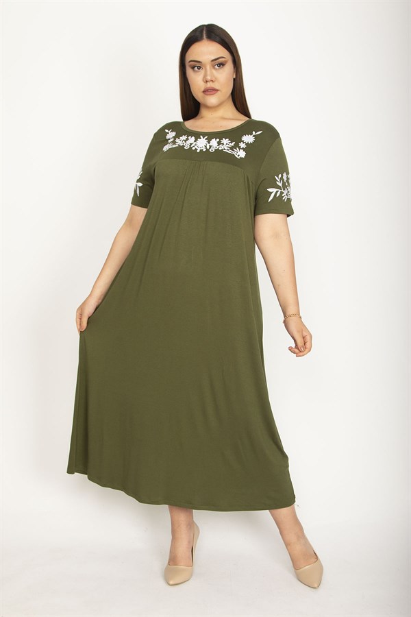 Kadın Haki Sim Detaylı Ön Baskılı Viskon Elbise 65N27473
