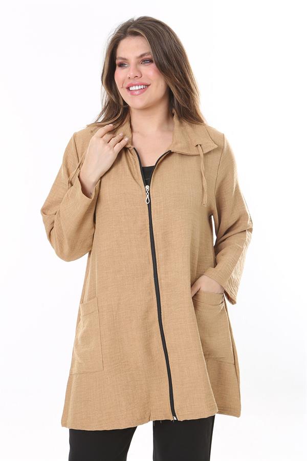 Kadın Büyük Beden Camel Keten Dokuma Ön Fermuar Ve Cepli Astarsız Ceket 65N37787