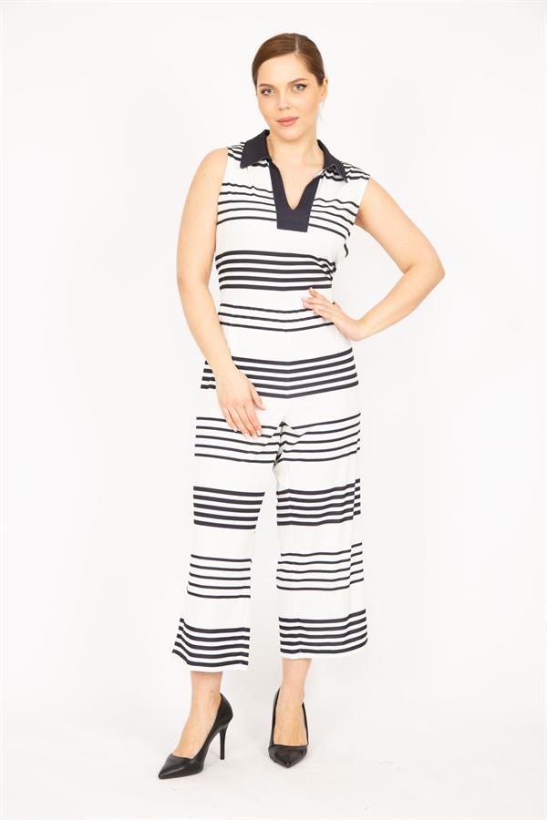 Kadın Lacivert Büyük Beden V Ayakalı Arkası Gizli Fermuarlı Tulum