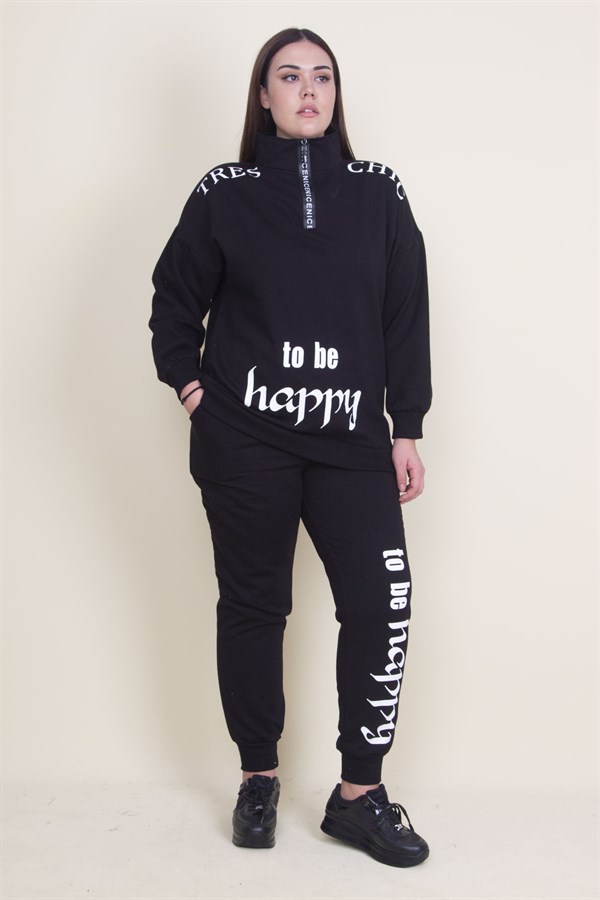 Kadın Gri Pat Fermuar Detaylı Şardonlu Baskılı Eşofman Takım 65N21019