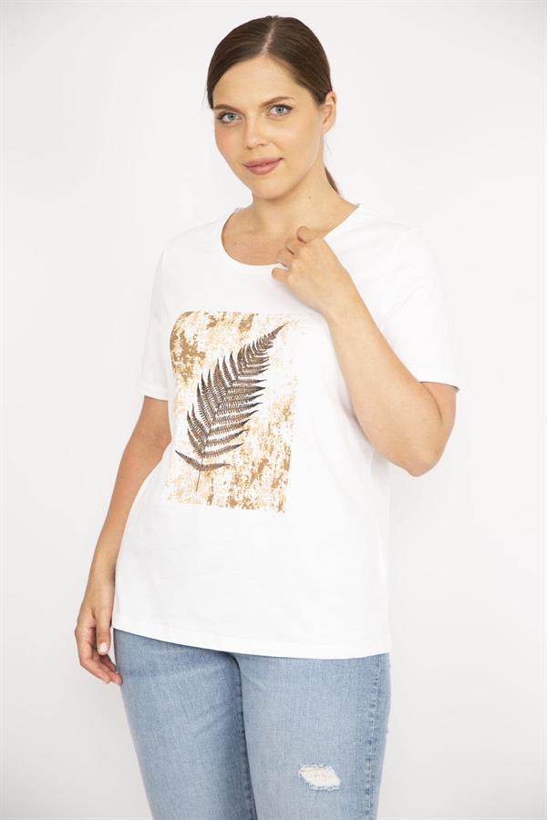 Kadın Kemik Büyük Beden Pamuk Kumaş Bisiklet Yakalı Kısa Kollu Ön Baskılı Bluz