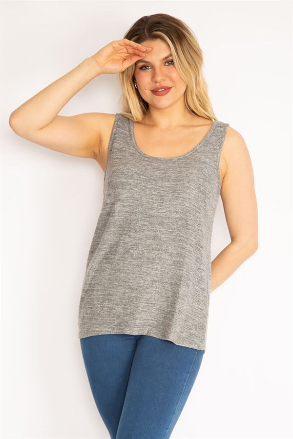 Kadın Gri Yün Viskon Kolsuz Bluz 65N35189