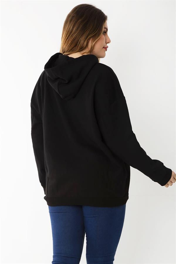 Women's Plus Size Black Embroidered Inside and Hooded Detailed Sweatshirt 65N37203