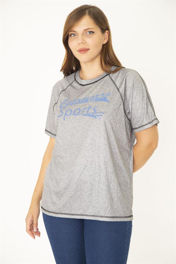 Kadın Büyük Beden Gri Reglan Kol Reçme Dikişli Spor Bluz 65N36951
