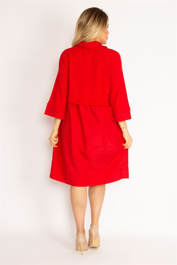 Kadın Kırmızı Dik Yakalı Etek Kısmı Yaka Ve Kol Ağzı Sıvama Kumaş Elbise 65N35038