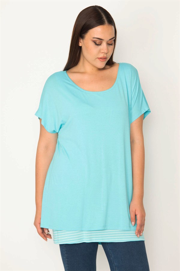 KADIN MAVİ İÇİ ÇİZGİLİ ATLETLİ DÜŞÜK KOLLU BLUZ