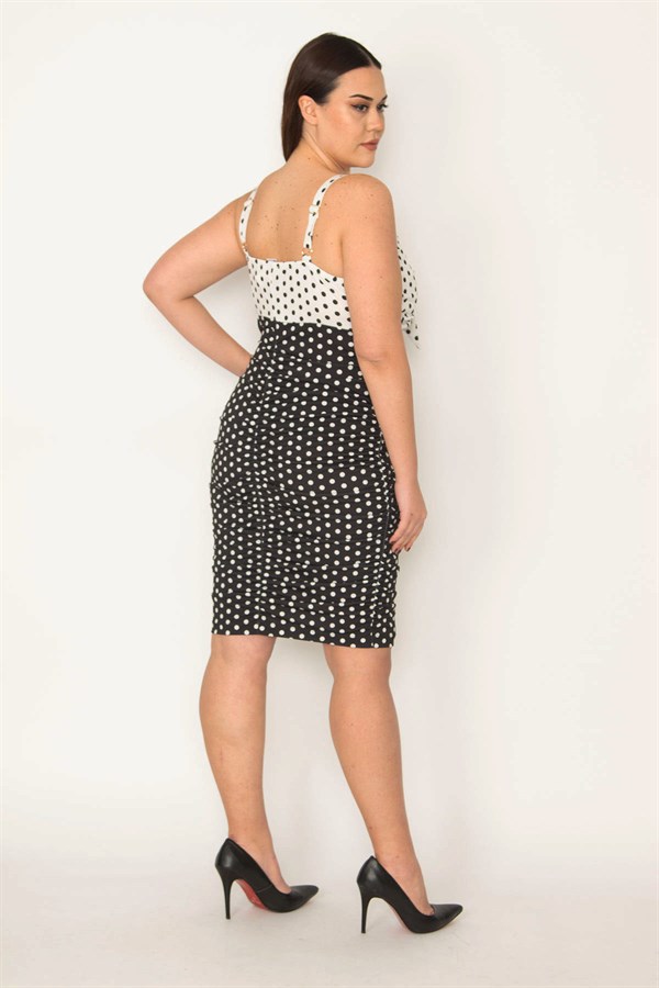 WOMEN'S BLACK SHIRT-DETAILED POINT PATTERNED STRAP DRESS