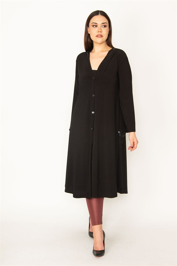 Kadın Siyah Sandy Kumaş Payet Detaylı Ön Düğmeli Kapşonlu Kap 65N31703