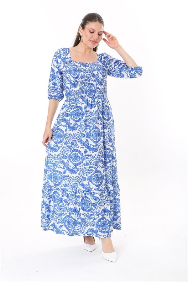 Kadın Büyük Beden Mavi Göğüs Kısmı Gipe Lastikli Etek Ucu Katlı Uzun Elbise 65N37737