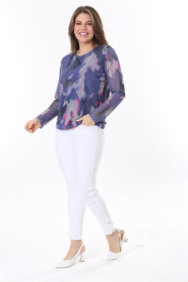 Kadın Büyük Beden Renkli Astarlı Tül Bluz 65N37810