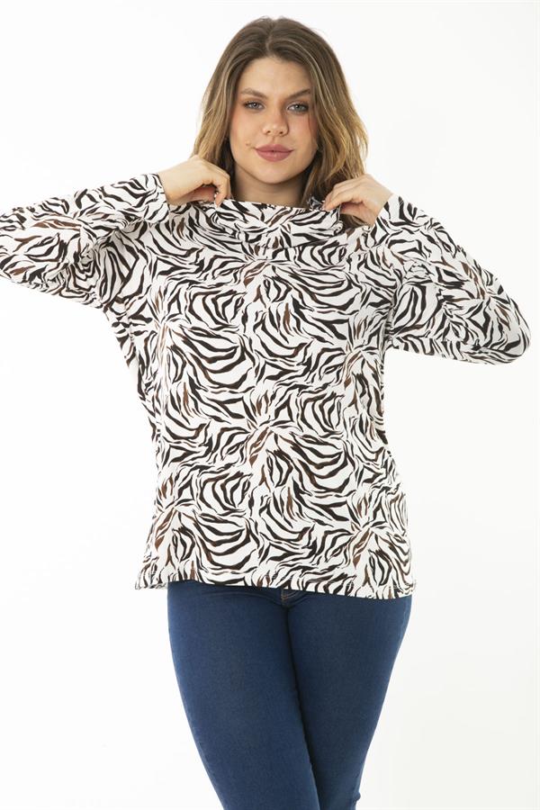 Kadın Büyük Beden Renkli Boğazlı Yaka Uzun Kollu Bluz 65N37145