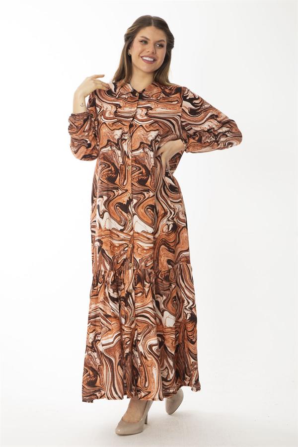 Kadın Büyük Beden Renkli Dokuma Viskon Kumaş Ön Boy Düğmeli Etek Ucu Katlı Elbise 65N37087