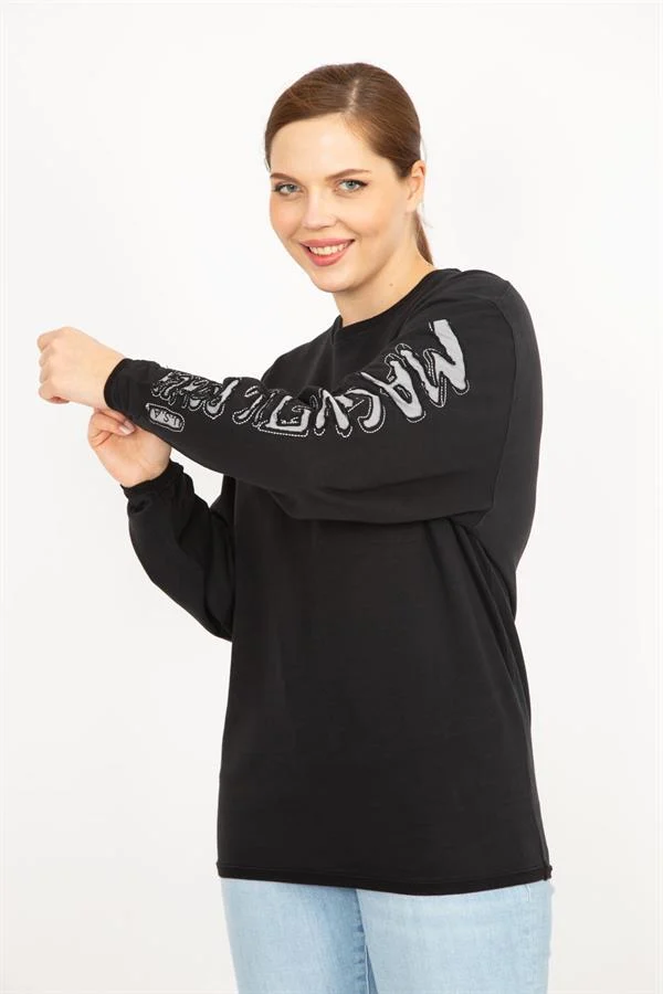 Kadın Siyah Büyük Beden Pamuklu Kumaş Kol Detaylı Sweatshirt