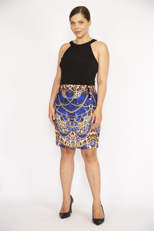 KADIN SİYAH HALTER YAKA SÜS DÜĞMELİ ETEĞİ DESENLİ ELBİSE