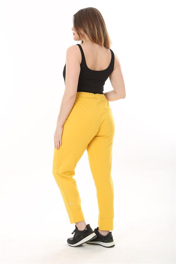 Kadın Büyük Beden Sarı Kuşgözü Bağcık Ve Lastikli Fermuarlı Cep Detaylı Spor Pantolon 65N37567