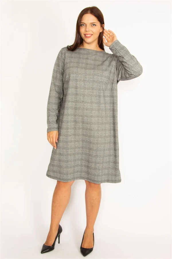 Kadın Gri Ekose Desenli Yan Şerit Detaylı Elbise 65N34611