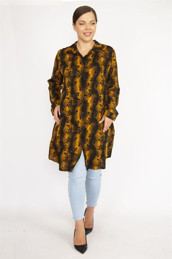 Kadın Büyük Beden Hardal Ön Düğmeli Uzun Kollu Gömlek