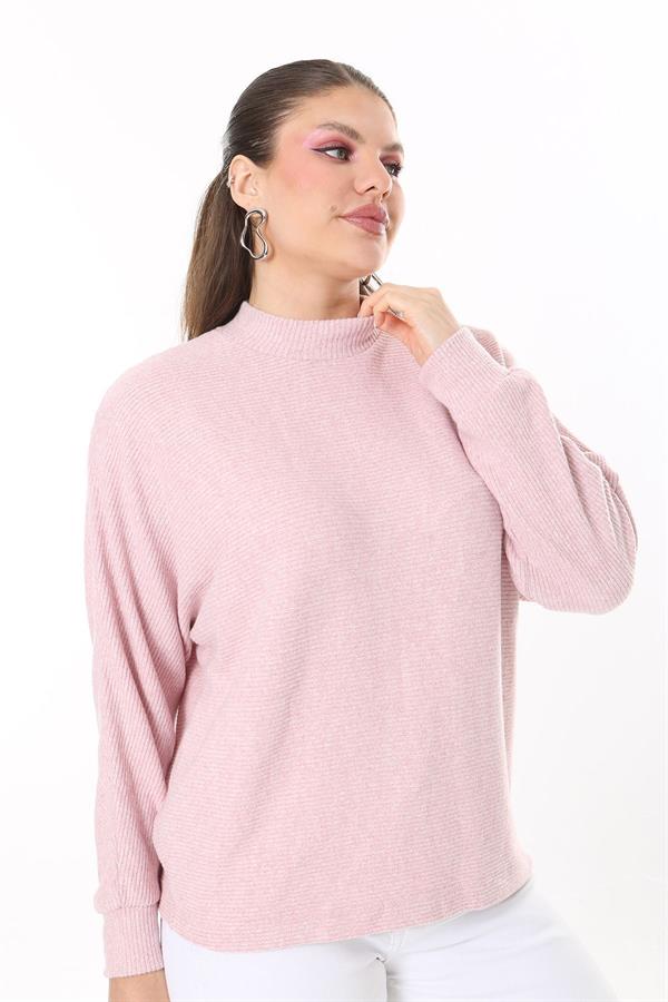 Kadın Büyük Beden Bebe Mavisi Yün Viskon Kumaş Yarasa Kollu Bluz 65N37703