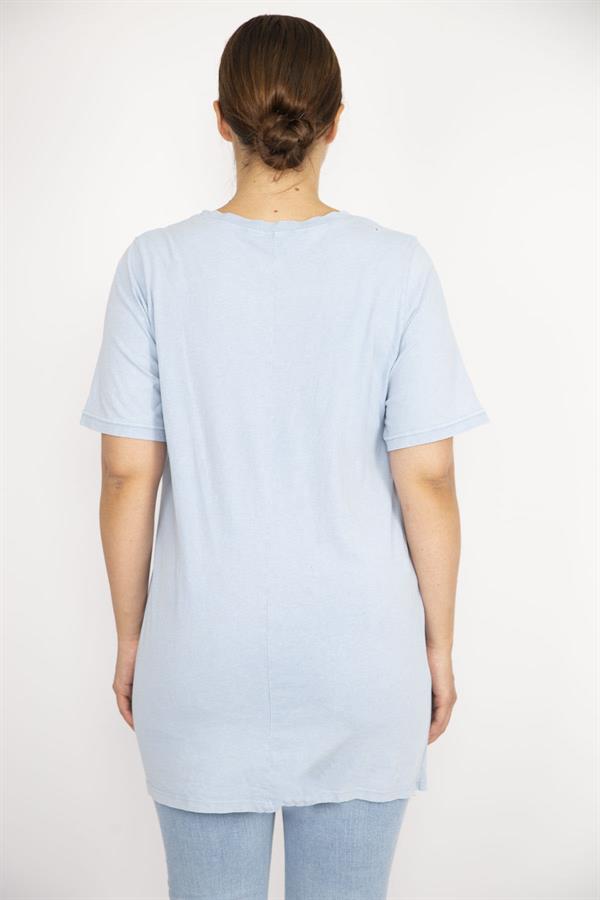 Kadın Büyük Beden Bebe Mavisi Payet Ve Taş İşli Bisiklet Yakalı Bluz