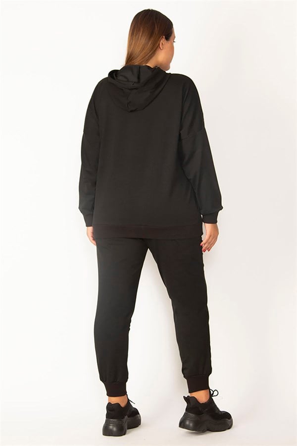 Ensemble sweat-shirt et pantalon à capuche avec fermeture éclair sur le devant et détails en pierre pour femme, noir