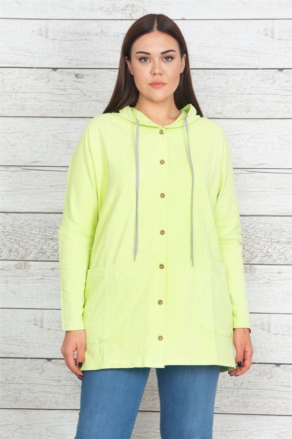 Women's Green Cotton Fabric Hooded Front Button Sweatshirt 65N20439