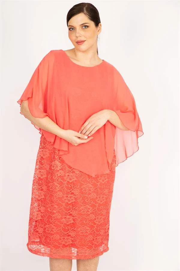 Kadın Lacivert Büyük Beden Şifon Pelerinli Astarlı Dantel Elbise