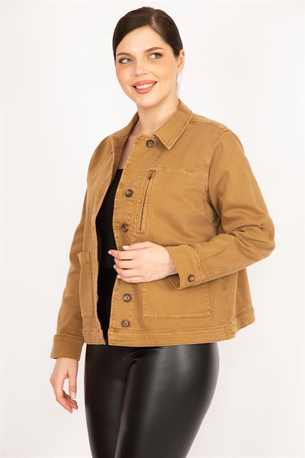 Women's Tan Plus Size Gabardine Fabric Front Button Zipper and Pocket Detailed Coat