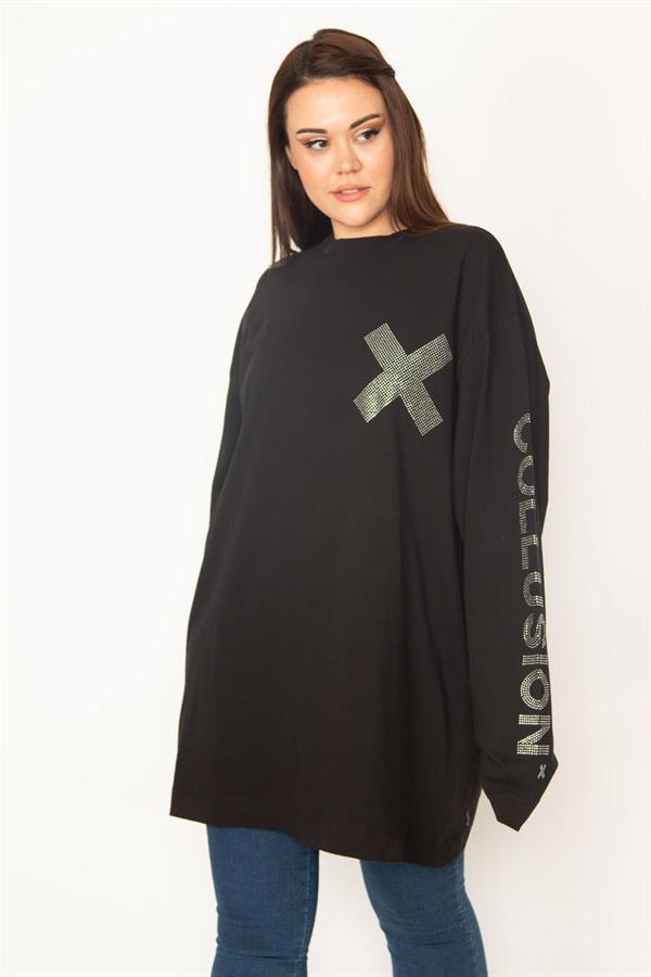 Kadın Siyah Büyük Beden Pamuklu Kumaş Taş Detaylı Tunik 65N35776
