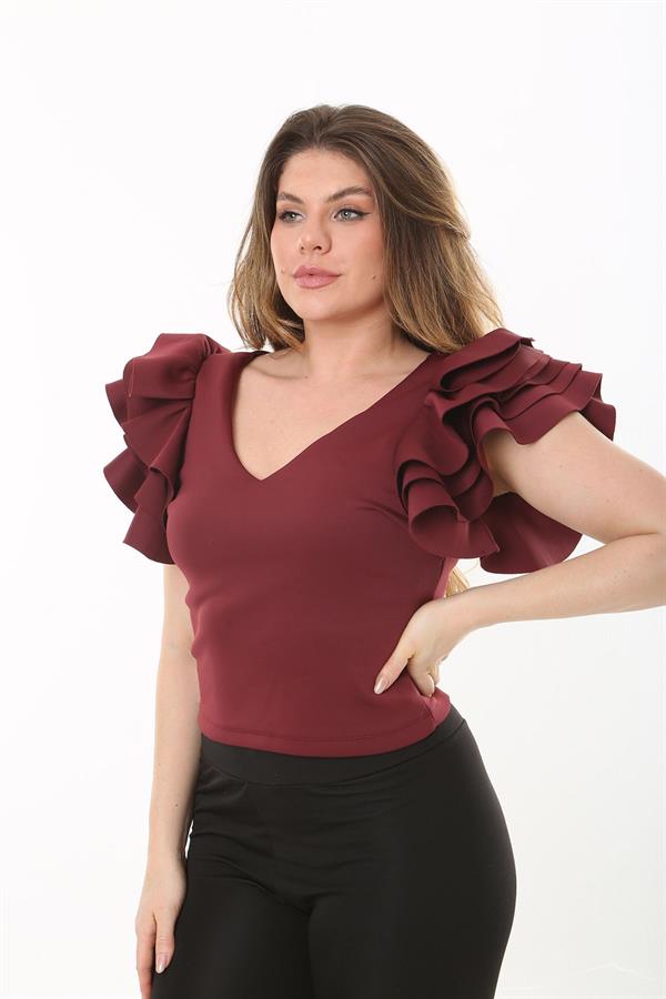 Kadın Büyük Beden Bordo Volan Kollu Arka Gizli Fermuarlı Bluz 65N37533