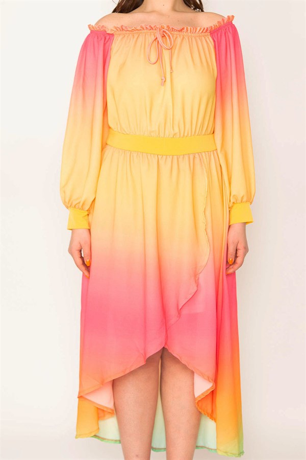 ROBE DE SOIRÉE EN MOUSSELINE DE SOIRÉE POUR FEMMES, COL COLORÉ ET DÉTAILS ÉLASTIQUES À LA TAILLE, DOS LONG DOUBLÉ