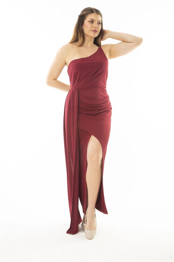 Kadın Büyük Beden Bordo Tek Omuzlu Abiye Elbise 65N37066
