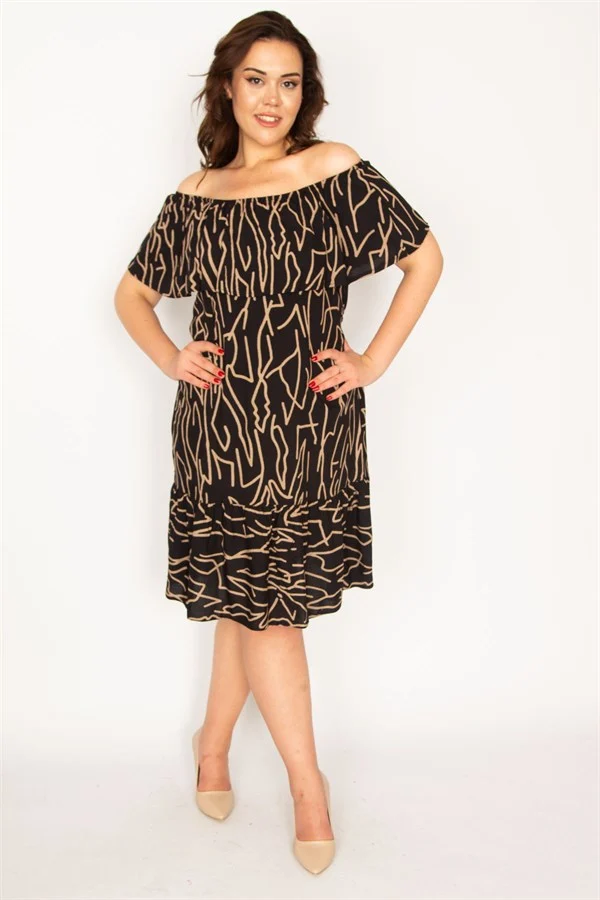 Kadın Kemik Madonna Yaka Volan Detaylı Dokuma Viskon Kumaş Elbise 65N33529