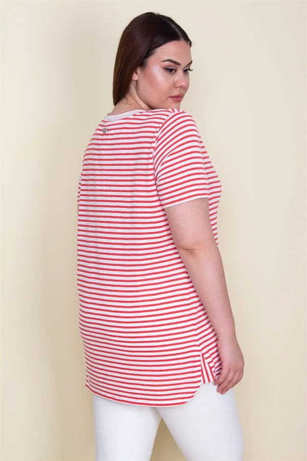 Kadın Kırmızı Yakası Tül Detaylı Simli Çizgili Bluz 65N25649