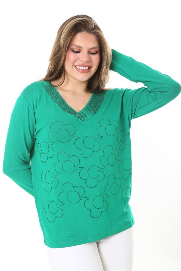 Kadın Büyük Beden Saks V Yakalı Taş Detaylı Uzun Kollu Bluz 65N37153