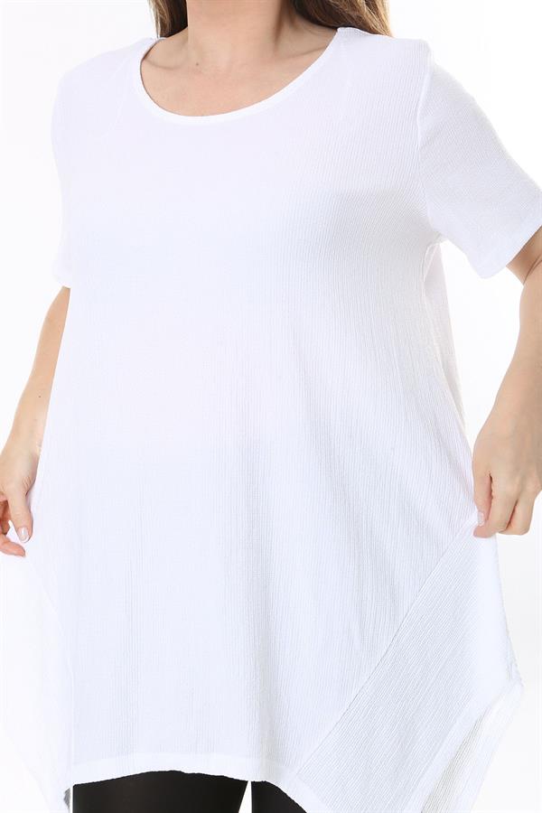 Kadın Büyük Beden Beyaz Bürümcük Kumaş Etek Ucu Kup Detaylı Kısa Kollu Bluz 65N37857