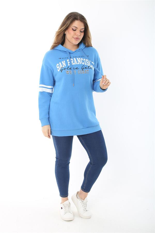 Women's Plus Size Blue Three-Thread Hooded Sweatshirt with Raised Inside 65N37464