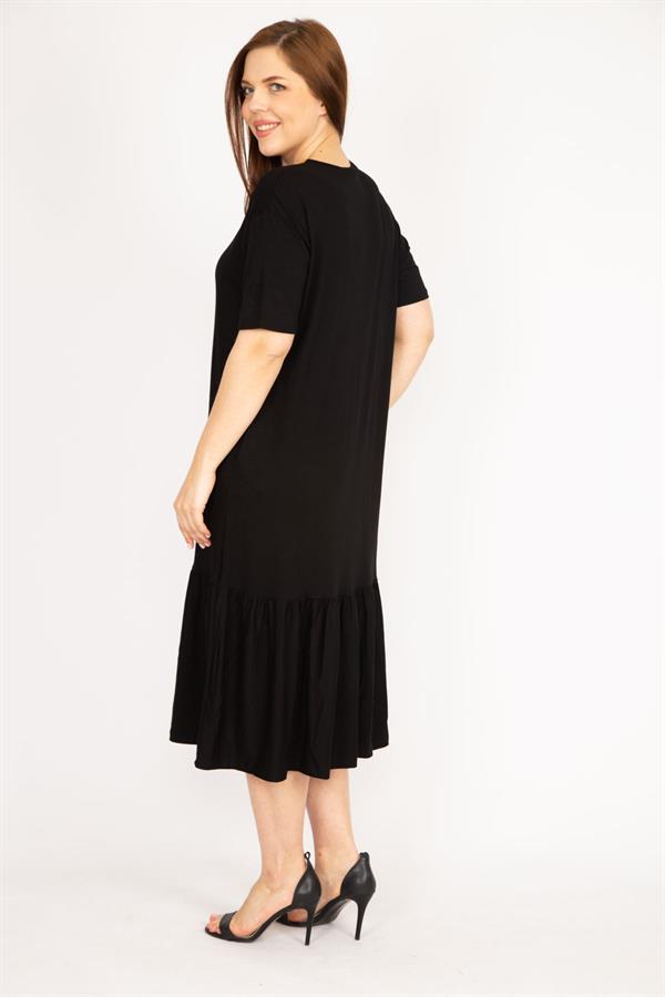 Kadın Saks Büyük Beden Nakış Detaylı V Yaka Yan Cepli Elbise