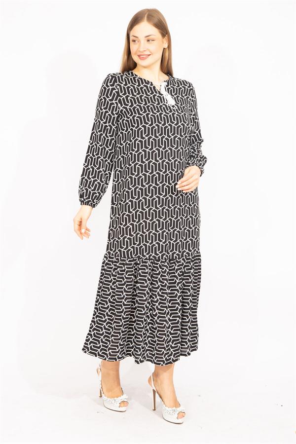 Kadın Siyah Dokuma Viskon Kumaş Etek Ucu Katlı Uzun Kollu Elbise 65N35511