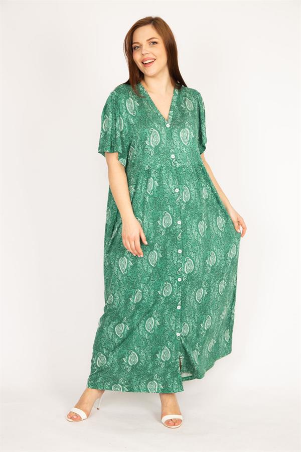 Kadın Siyah Büyük Beden Ön Boy Düğmeli Cepli Uzun Elbise